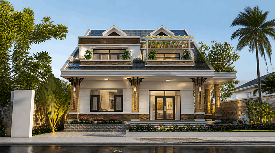 Biệt thự 2 tầng mái thái của anh Thanh diện tích 14,8x13,7m