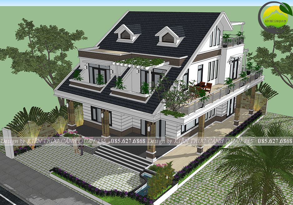 Biệt thự 2 tầng mái thái của anh Thanh diện tích 14,8x13,7m