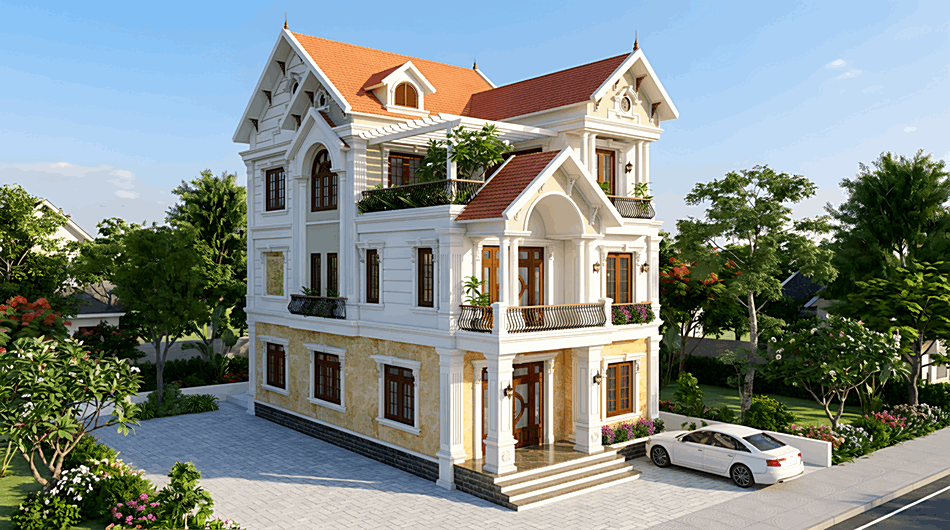 Mẫu biệt thự 3 tầng tân cổ điển mái thái diện tích 8x14,5m tại hải dương
