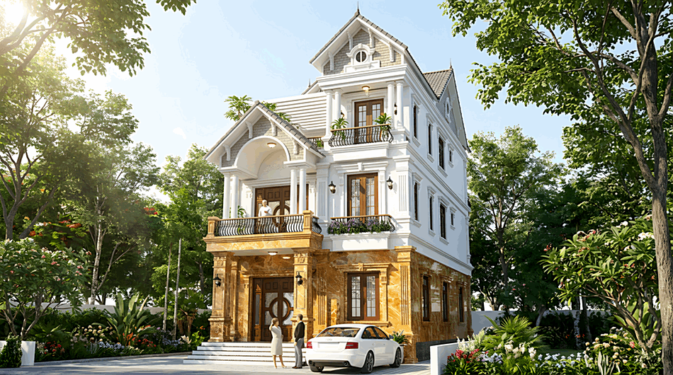 Mẫu biệt thự 3 tầng tân cổ điển mái thái diện tích 8x14,5m tại hải dương