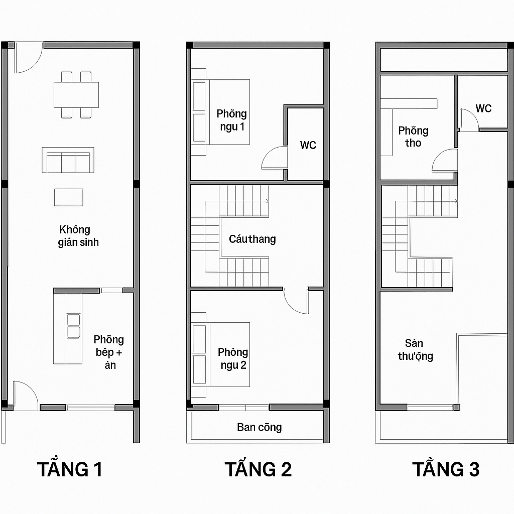 mặt bằng nhà phố 3 tầng lô góc
